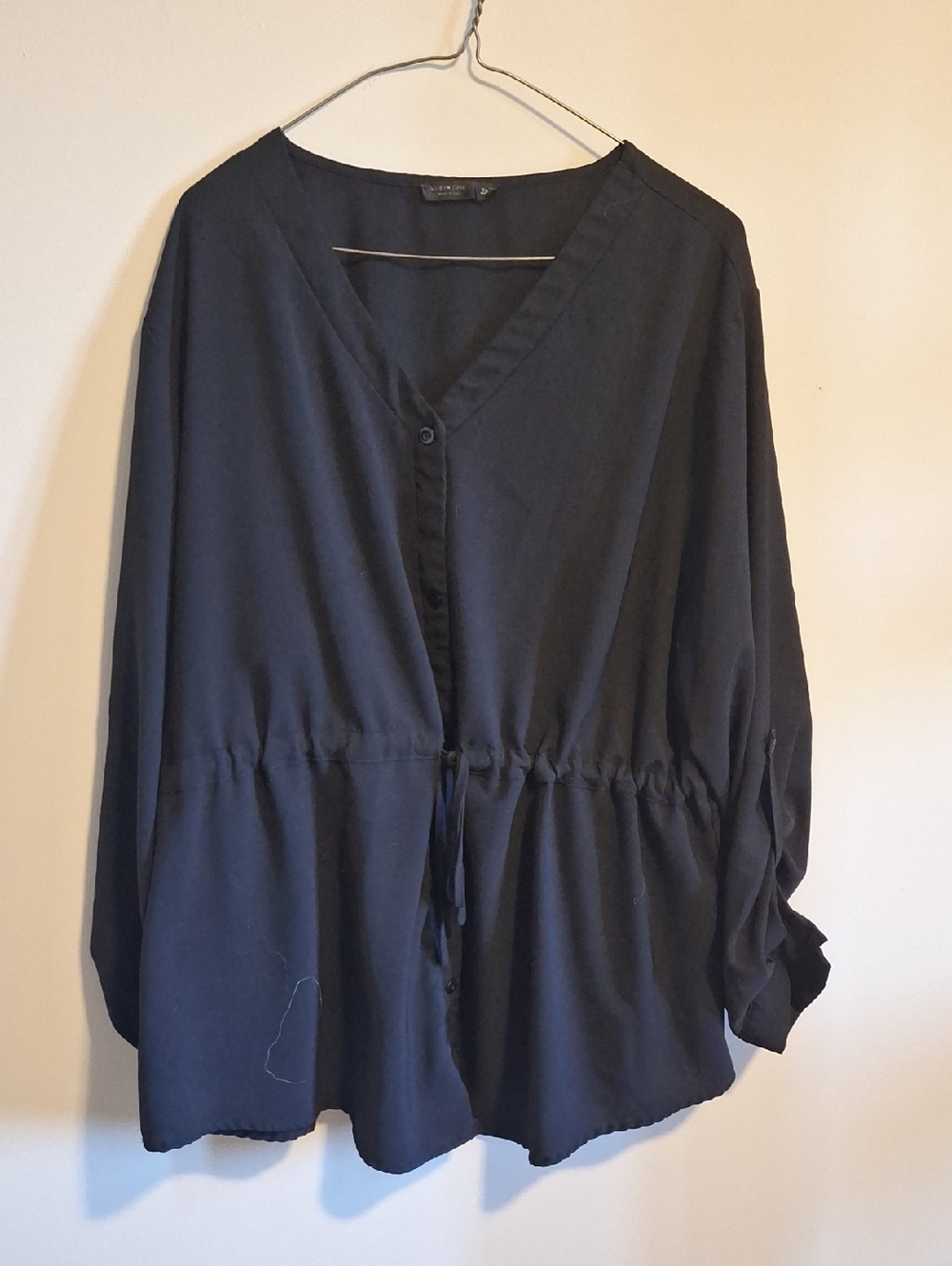 SHEIN Black Button-Down Drawstring V-Neck Blouse